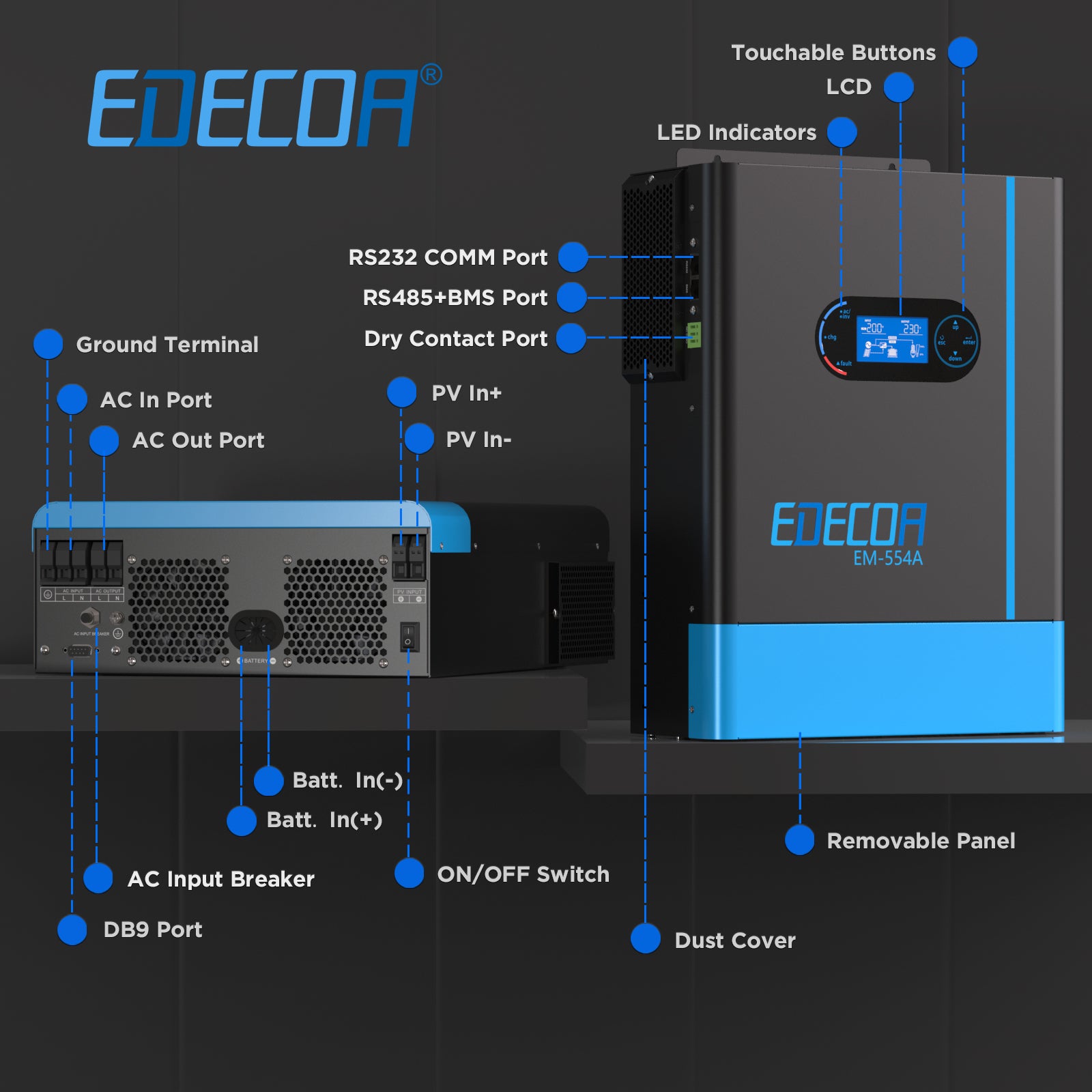 EDECOA Hybrid Solar Inverter 5500W 48V to 220V Pure Sine Wave MPPT 100A PV 60-450VDC