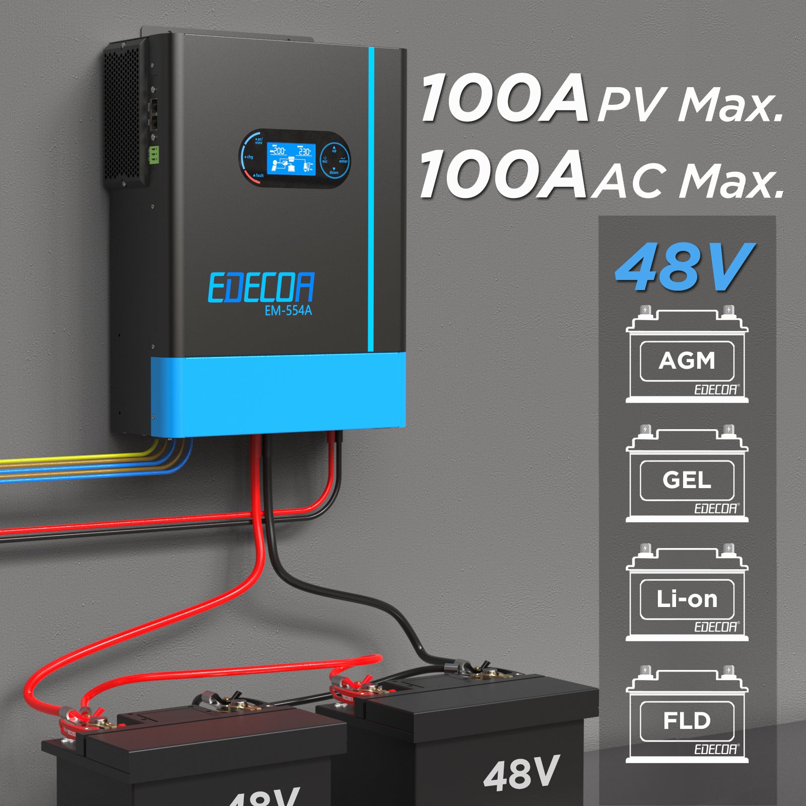 EDECOA Hybrid Solar Inverter 5500W 48V to 220V Pure Sine Wave MPPT 100A PV 60-450VDC
