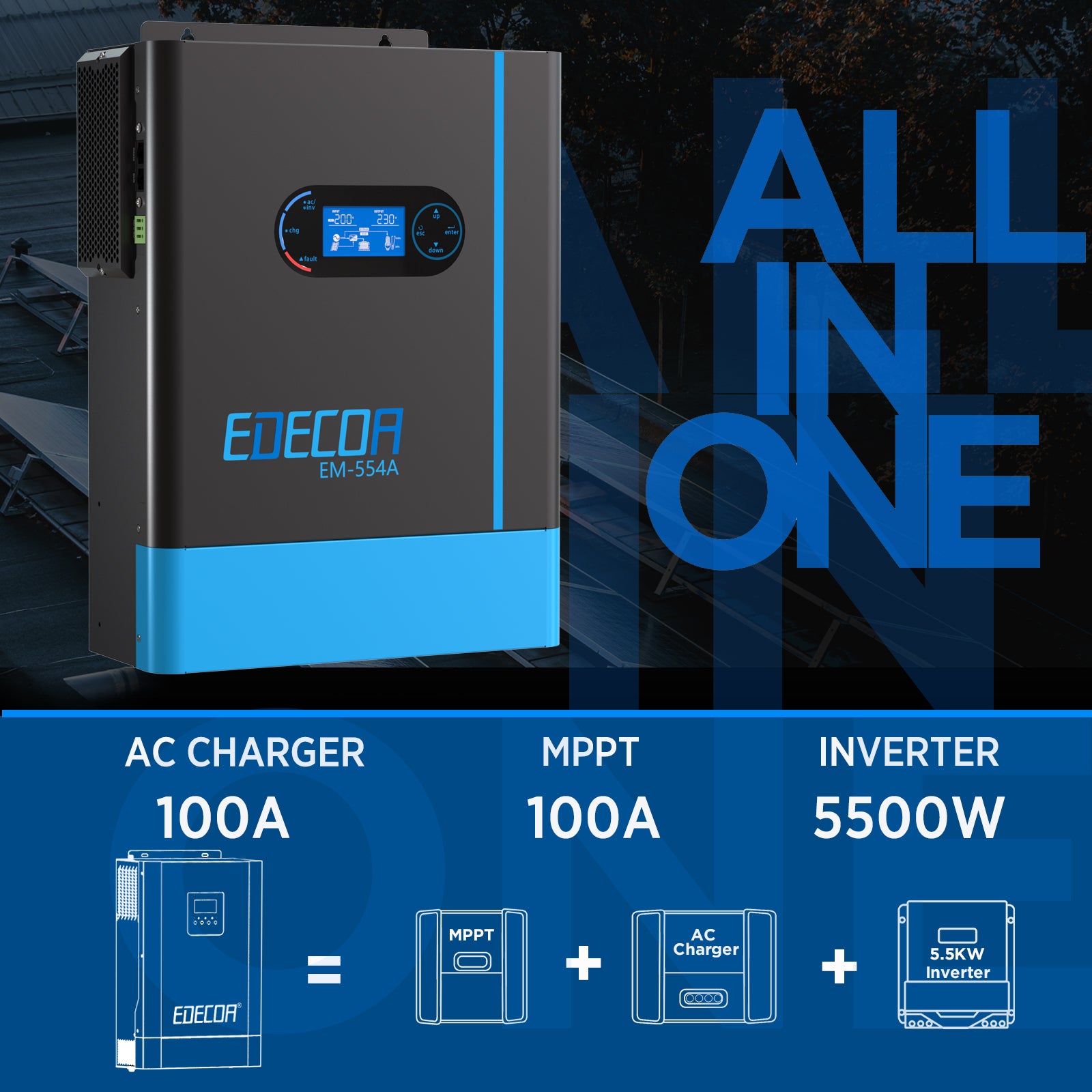 EDECOA Hybrid Solar Inverter 5500W 48V to 220V Pure Sine Wave MPPT 100A PV 60-450VDC