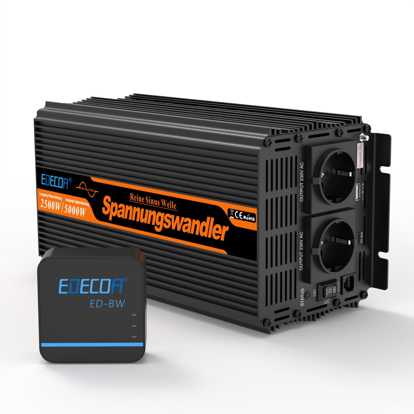 EDECOA 1000 W/2000 W DC 12 V AC 220 V 230 V onduleur à onde sinusoïdale pure