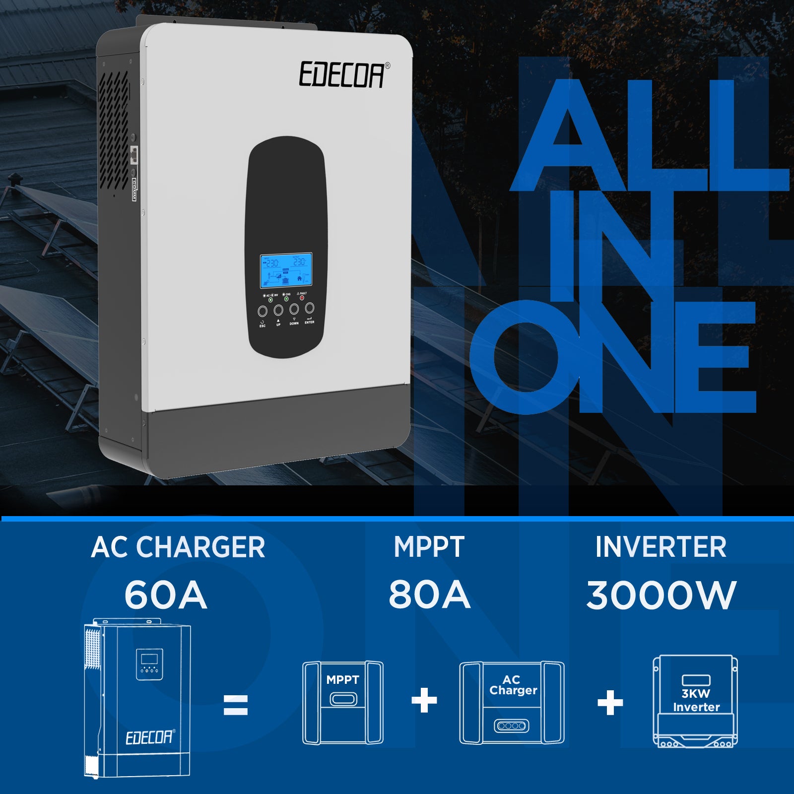 EDECOA Hybrid Solar Inverter 3000W 24V to 220V Pure Sine Wave MPPT 80A PV 55-450VDC