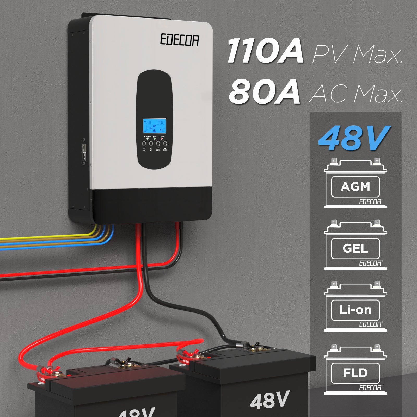 EDECOA Hybrid Solar Inverter 6200W 48V to 220V Pure Sine Wave MPPT 110A PV 55-450VDC