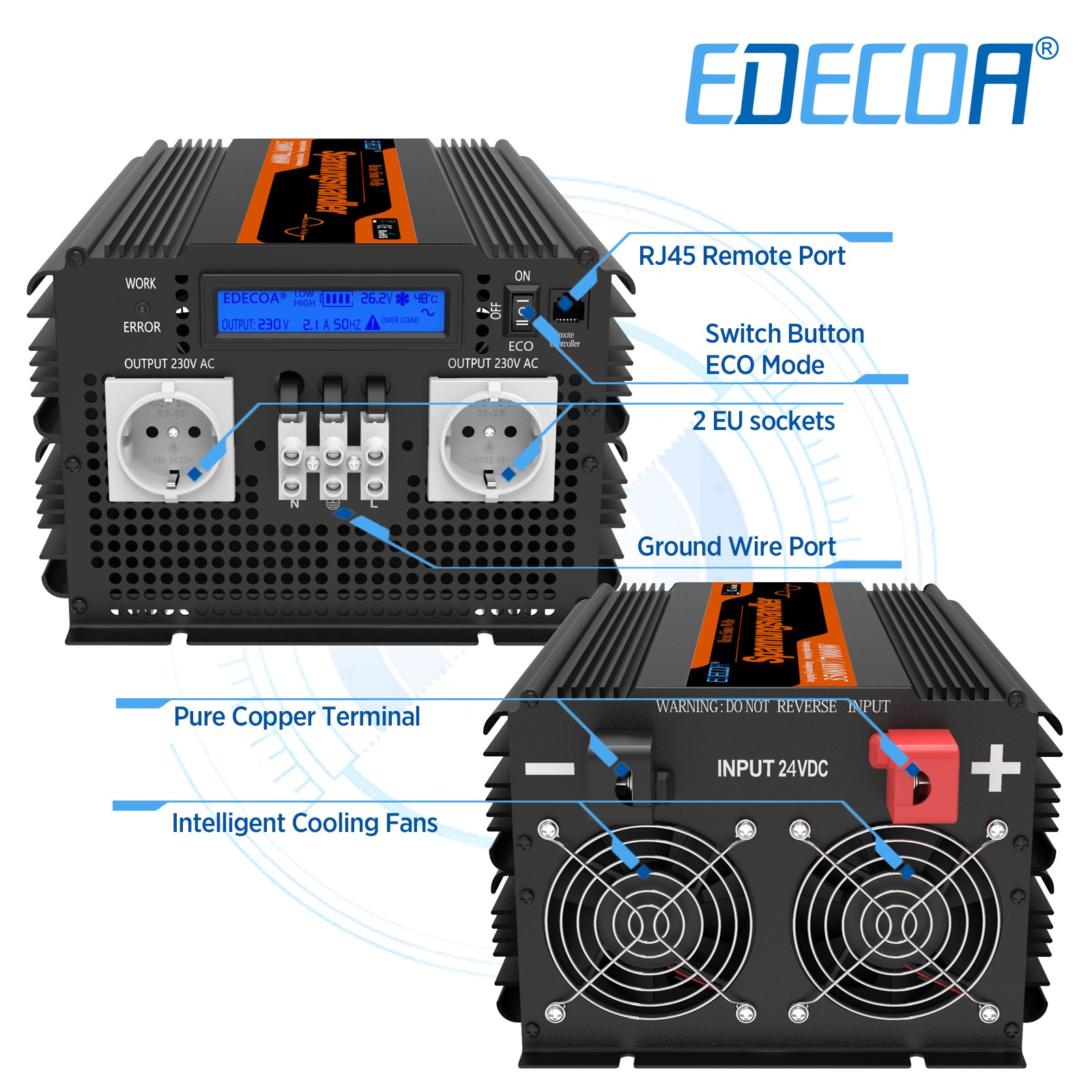 EDECOA 3500 W DC 24 V à AC 220 V 230 V onduleur à onde sinusoïdale pure