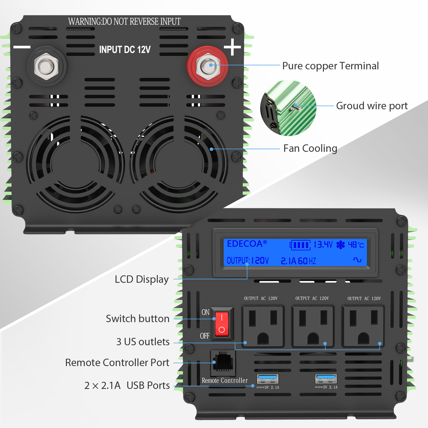 Edecoa 2000W LCD Power Inverter 12V 120V Modified Sine Wave 2x USB and remote controller Green V3 (5)