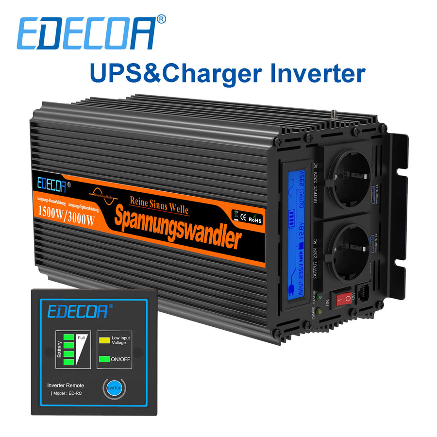 EDECOA Onduleur à onde sinusoïdale pure 12 V à 220 V 1500 W avec fonction UPS et chargeur