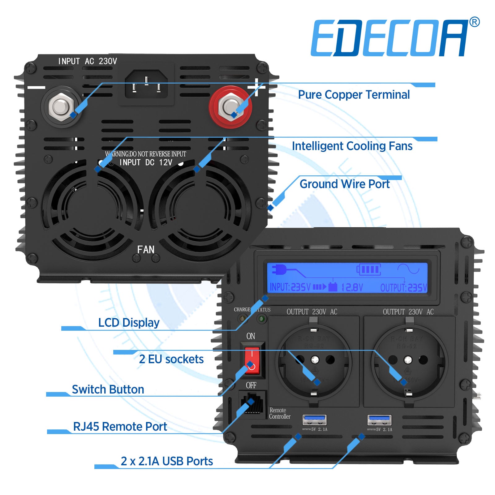 EDECOA Pure Sine Wave Power Inverter 12V to 220V 2500W With UPS and Charger Function