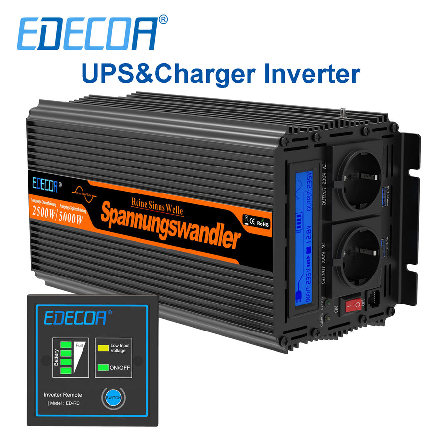EDECOA Onduleur à onde sinusoïdale pure 12 V à 220 V 2500 W avec fonction UPS et chargeur