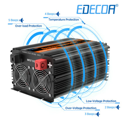 EDECOA 3500W DC 12V AC 220V 230V pure sine wave power inverter bluetooth-compatible