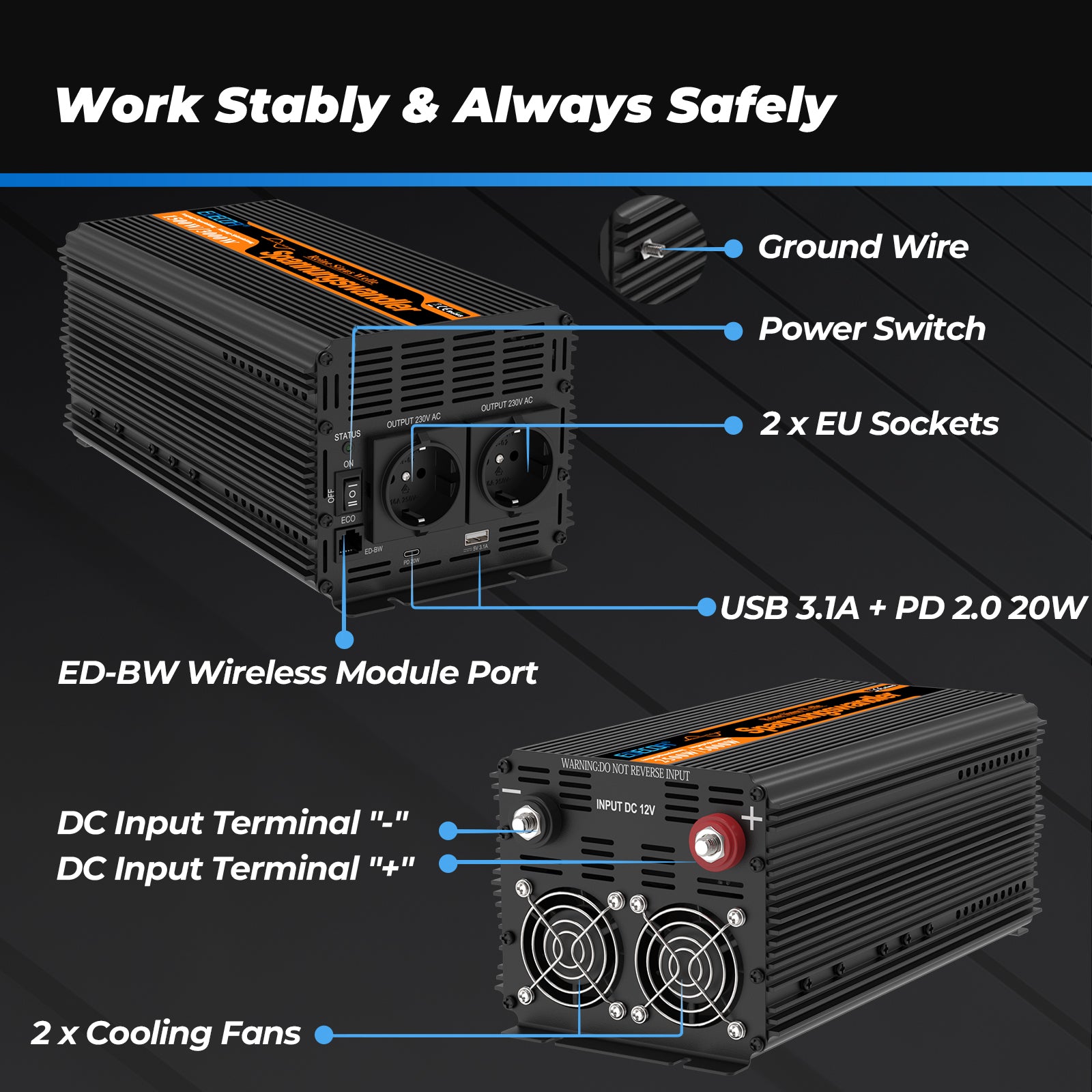 EDECOA 1500W DC 12V AC 220V 230V Pure Sine Wave Power Inverter Bluetooth-Compatible WiFi-Compatible