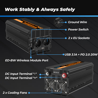 EDECOA 1000W/2000W DC 12V AC 220V 230V reiner Sinus-Wechselrichter