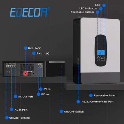 EDECOA Hybrid Solar Inverter 4000W 24V to 220V Pure Sine Wave MPPT 110A PV 55-450VDC