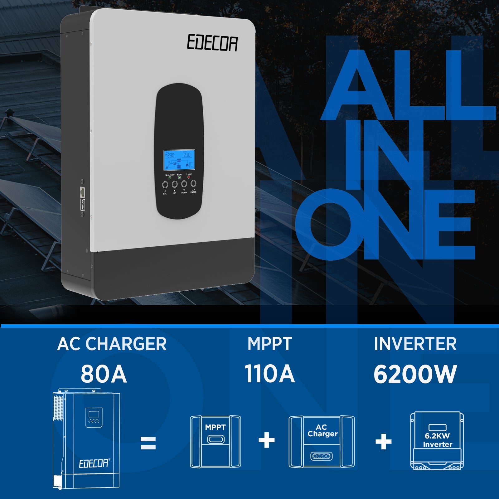 EDECOA Hybrid Solar Inverter 6200W 48V to 220V Pure Sine Wave MPPT 110A PV 55-450VDC