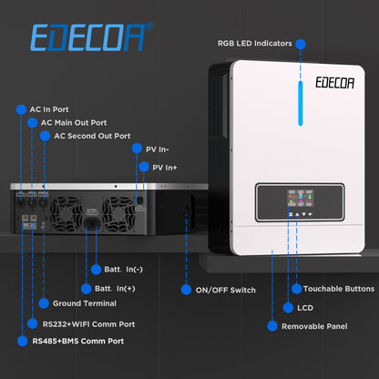 EDECOA Hybrid Solar Inverter 6200W 48V to 220V Pure Sine Wave MPPT 120A PV 60-500VDC