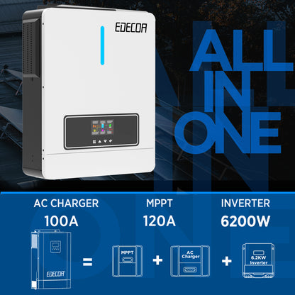 EDECOA Hybrid Solar Inverter 6200W 48V to 220V Pure Sine Wave MPPT 120A PV 60-500VDC