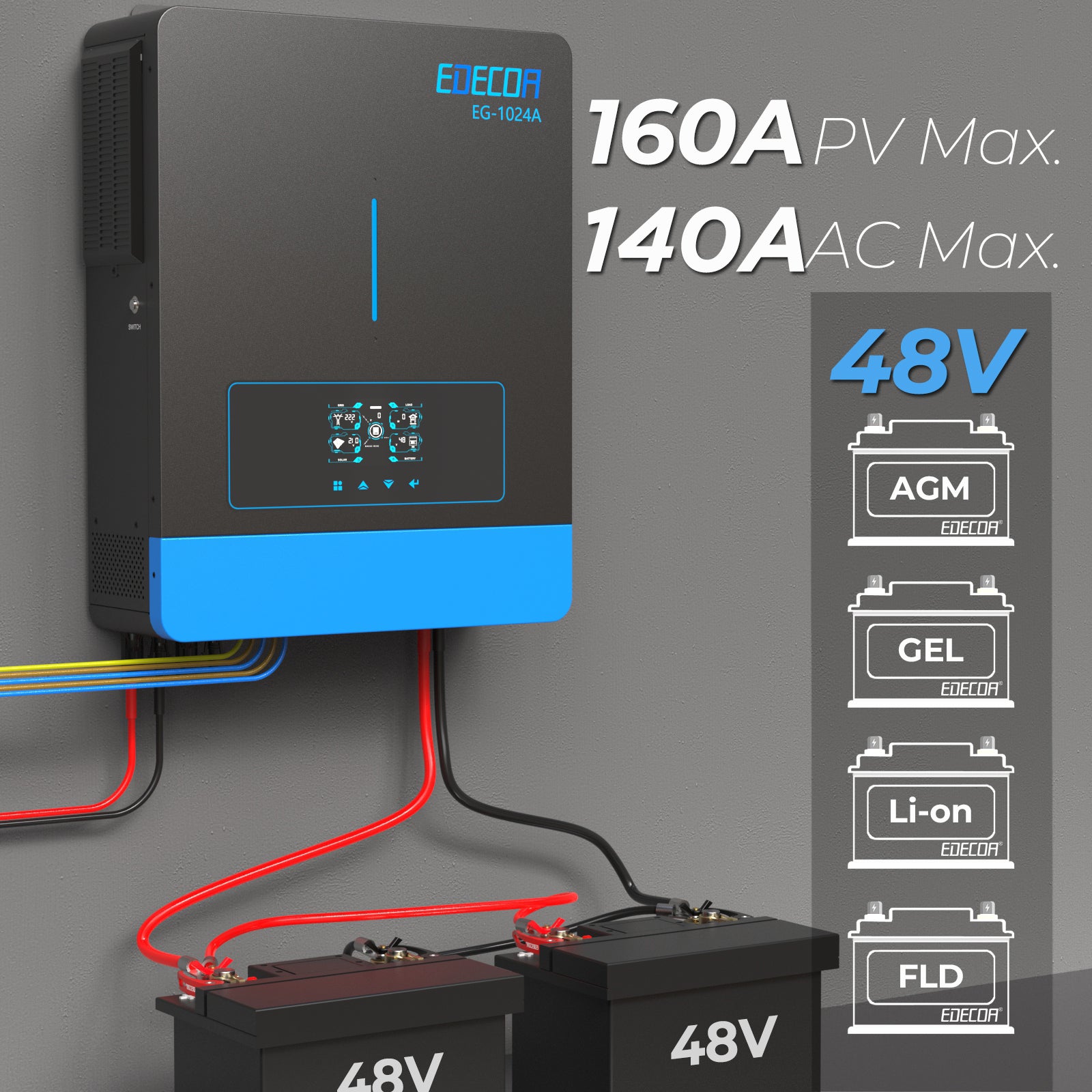 EDECOA Hybrid Solar Inverter 10200W 48V to 220V Pure Sine Wave MPPT 160A PV 90-450VDC