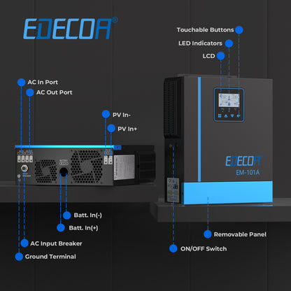 EDECOA Hybrid Solar Inverter 1000W 12V to 220V Pure Sine Wave MPPT 40A PV 20-150VDC