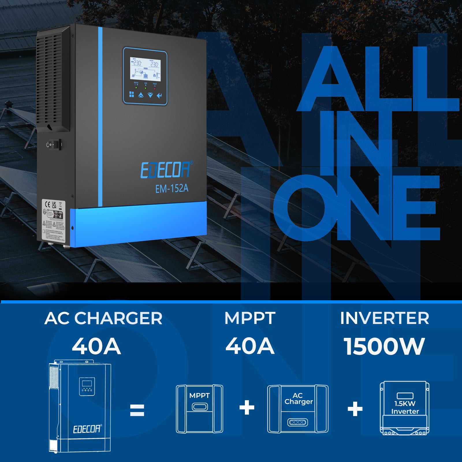 EDECOA Hybrid Solar Inverter 1500W 24V to 220V Pure Sine Wave MPPT 40A PV 30-150VDC