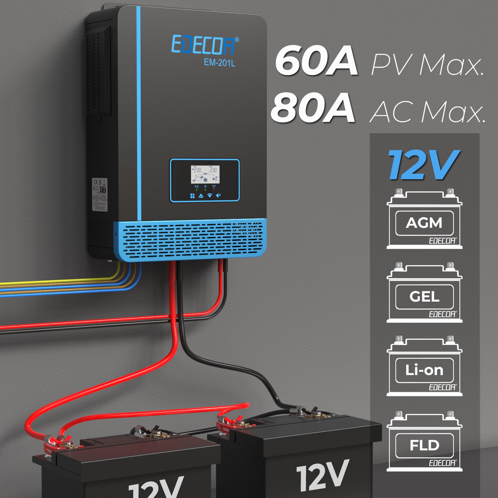 EDECOA Hybrid Solar Inverter 2000W 12V to 220V Pure Sine Wave MPPT 60A PV 20-150VDC