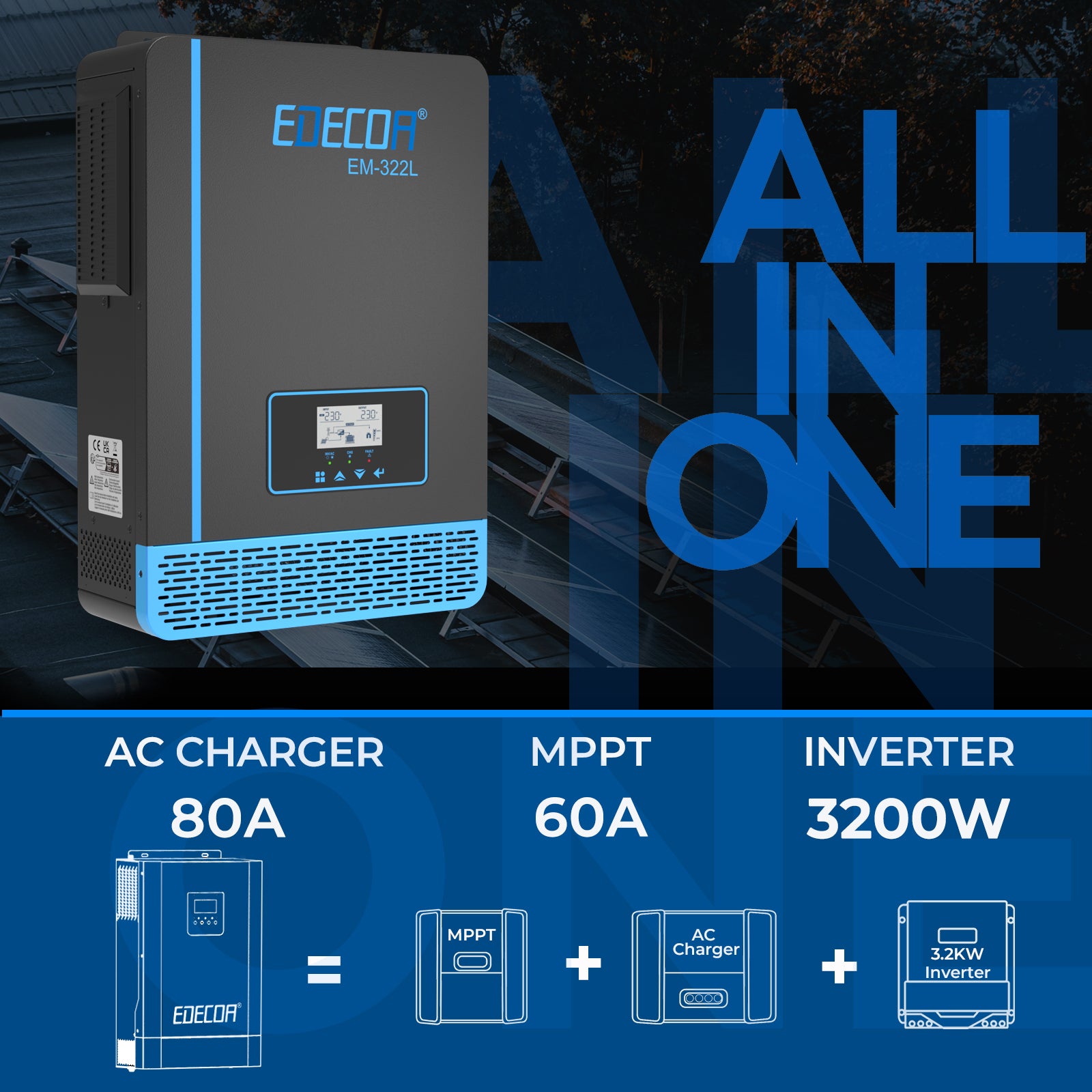 EDECOA Hybrid Solar Inverter 3200W 24V to 220V Pure Sine Wave MPPT 60A PV 30-150VDC