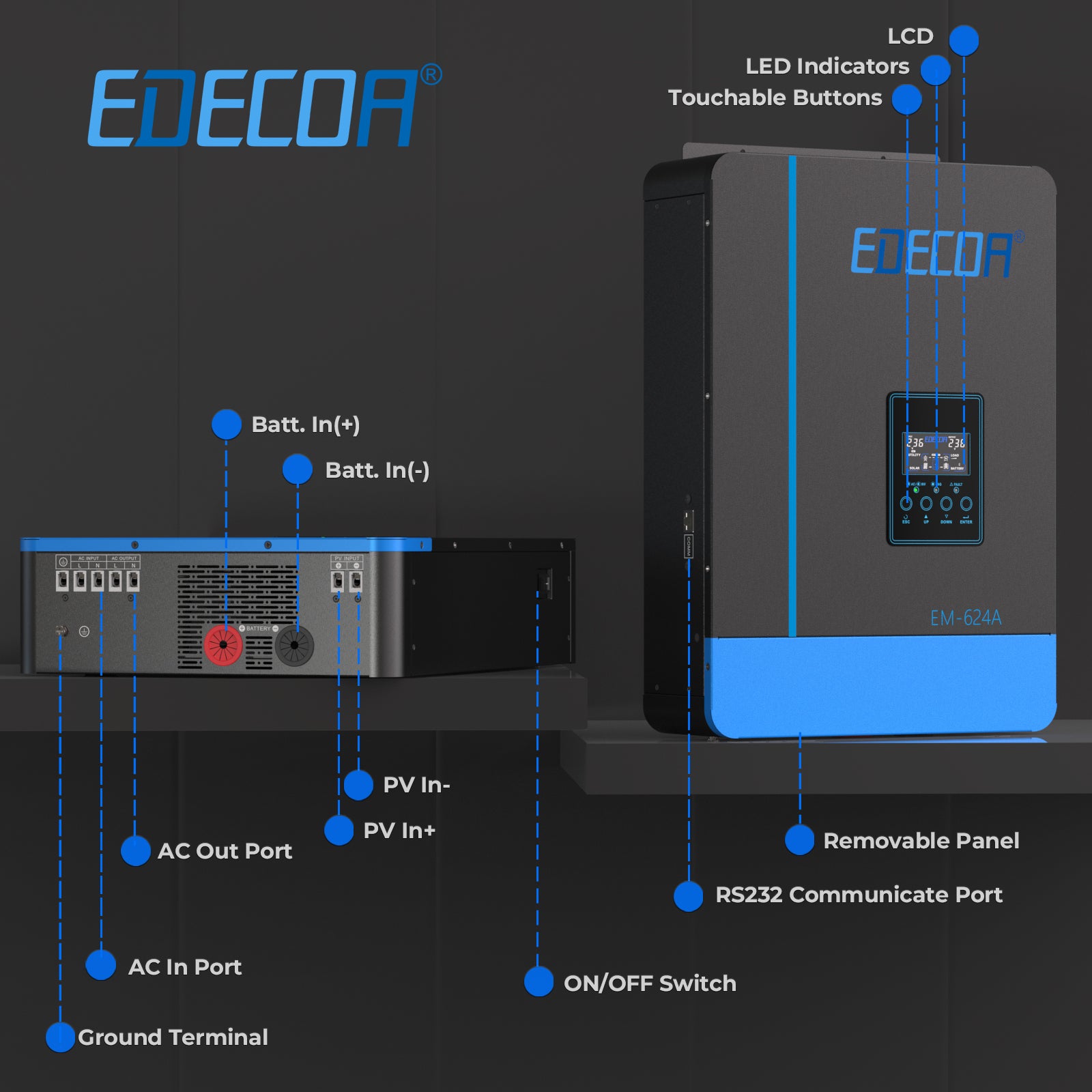 EDECOA Hybrid Solar Inverter 6200W 48V to 220V Pure Sine Wave MPPT 110A PV 55-450VDC