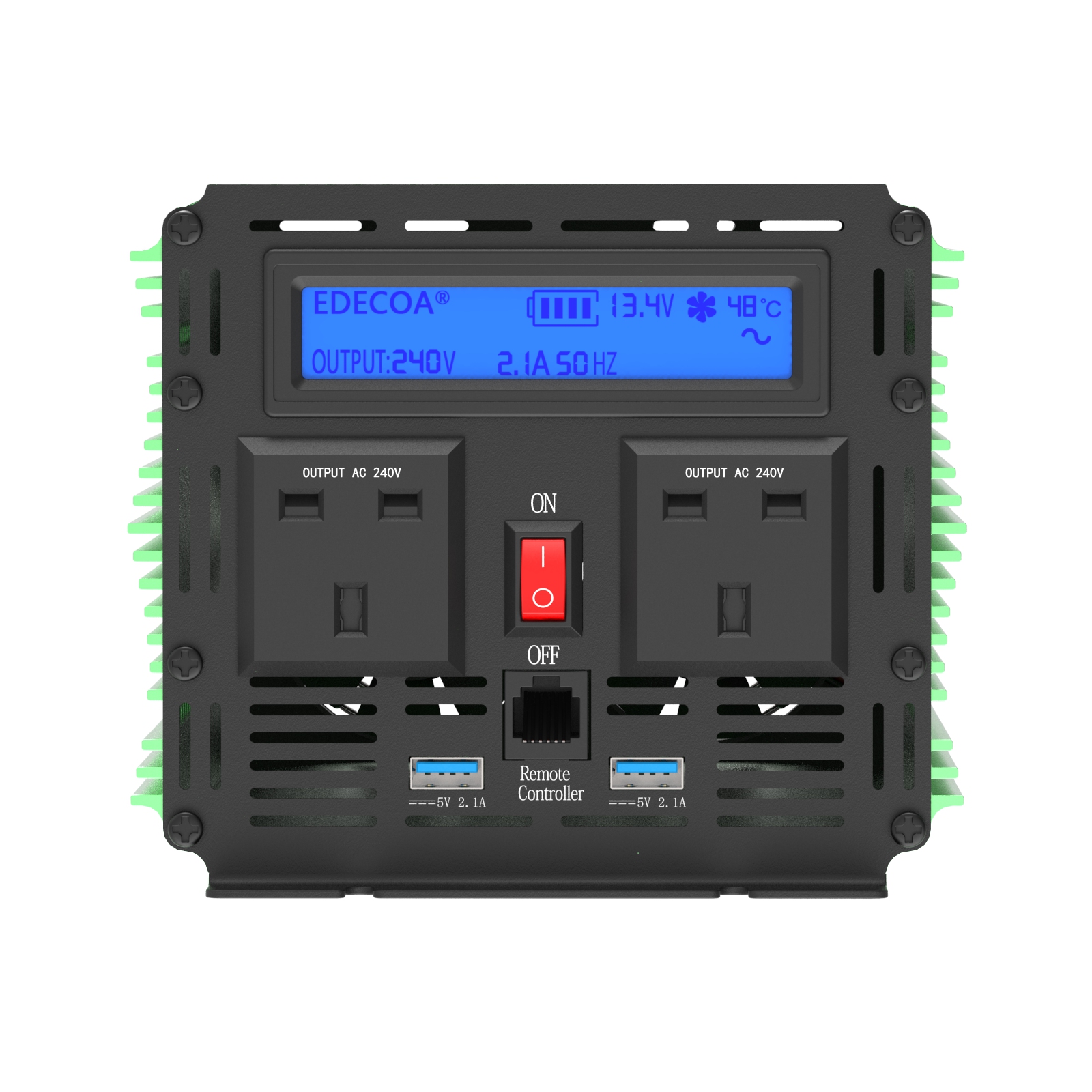 Inversor de corriente Edecoa 1500W Pantalla LCD 12V 240V Onda sinusoidal pura y mando a distancia 2x USB Green_UKV3 (6)