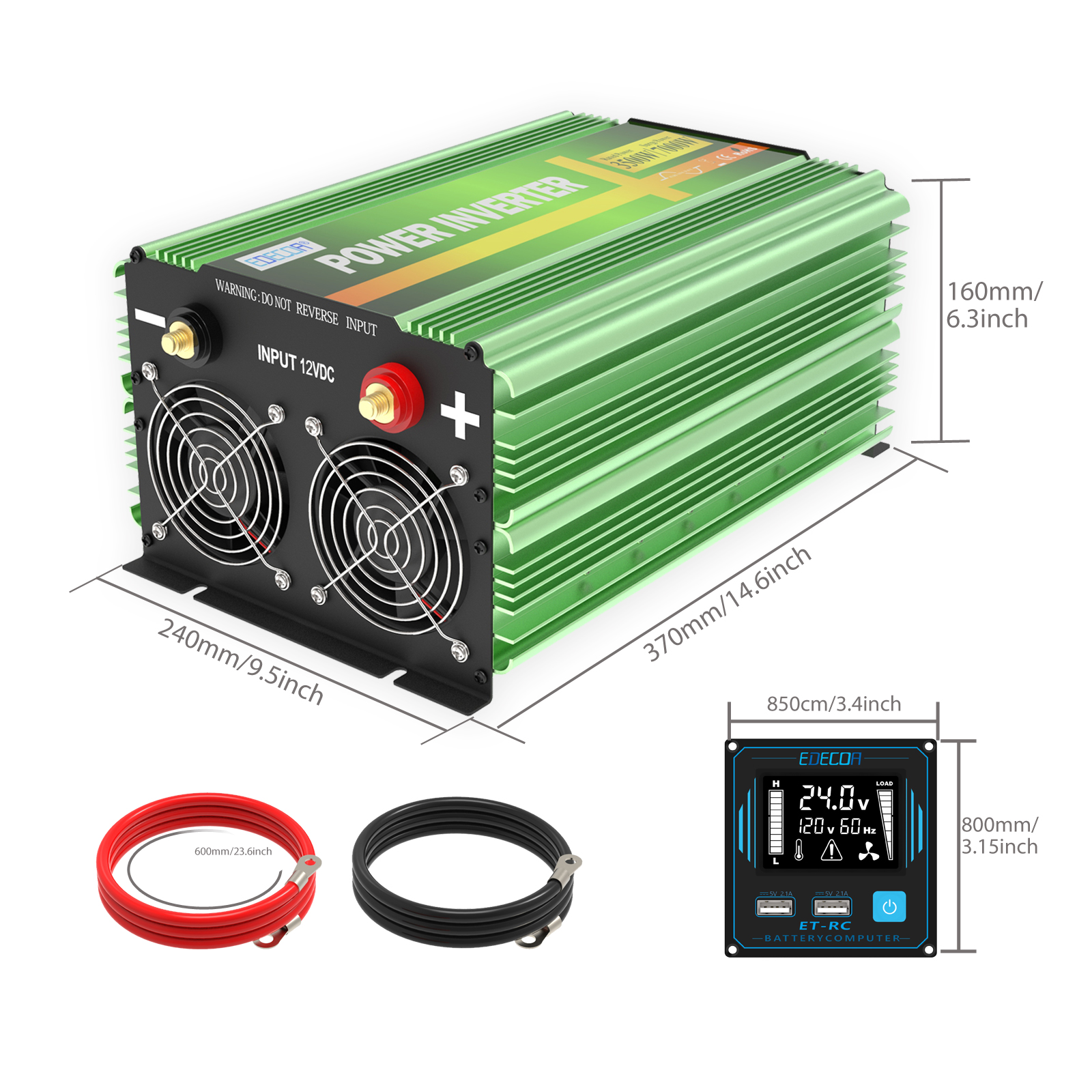 Edecoa 3000W LCD Power Inverter 12V 120V Modified Sine Wave with V3 LCD display 2x USB remote controller Green (4)