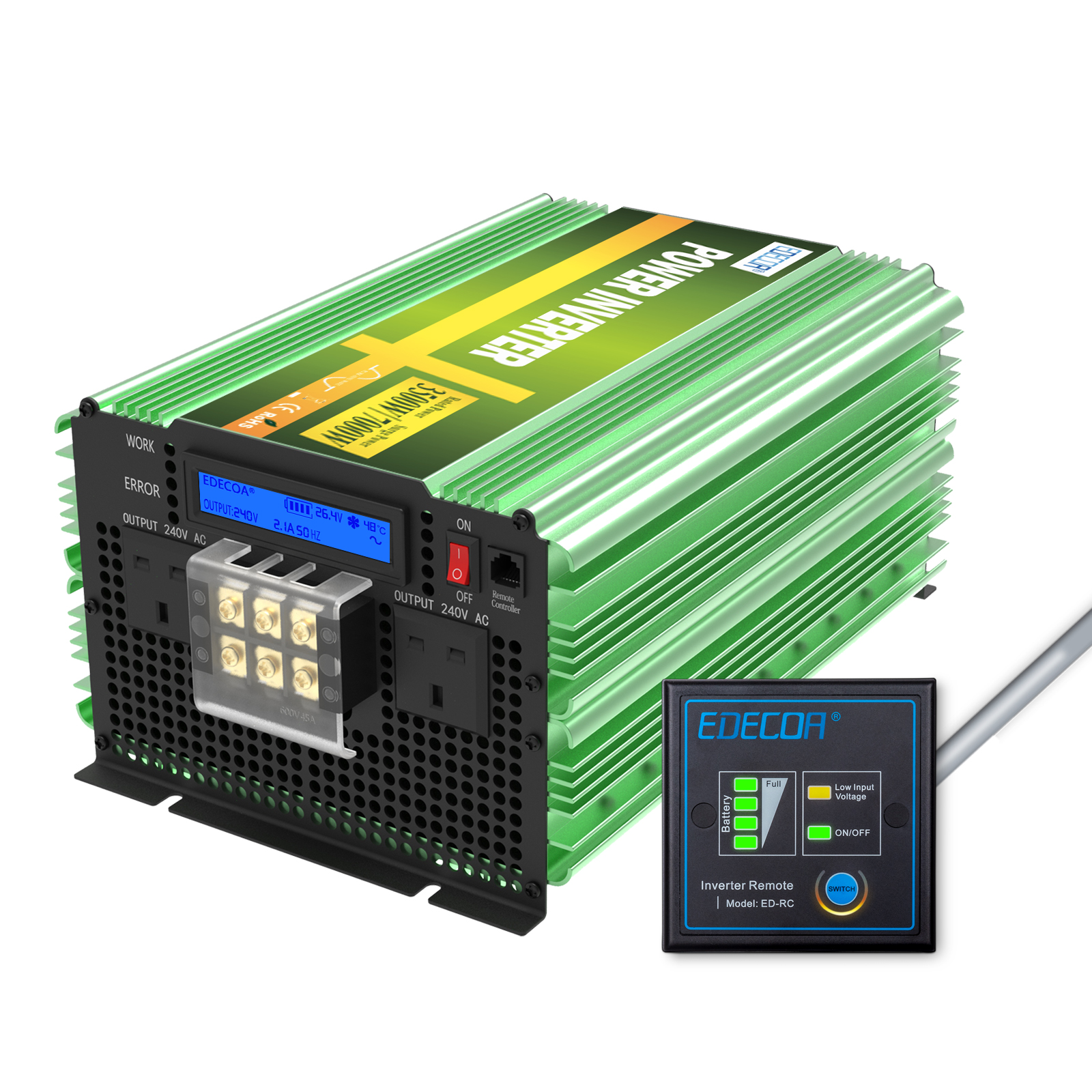 Edecoa 3500W Power Inverter LCD display 12V 240V Pure Sine Wave and remote controller 2x USB Green_UKV3 (5)